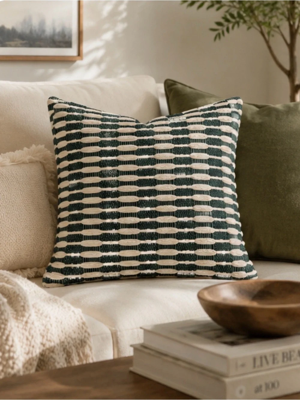 West Elm Cream and Green Woven Decorative Pillow Cover 20”X20”